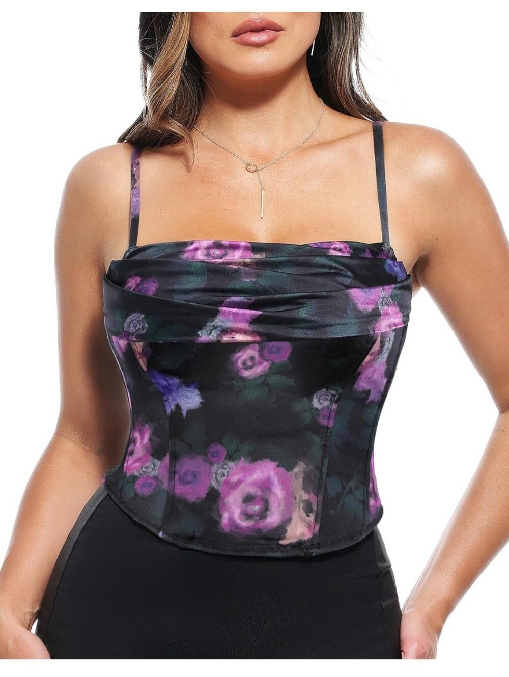 Popilush Women's Black Floral Sleeveless Shapewear Corset Going Out Top Size L